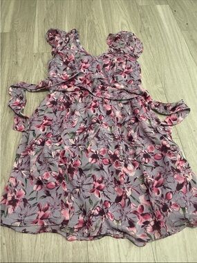 Express Lavender Floral Tie-Waist Mini Dress